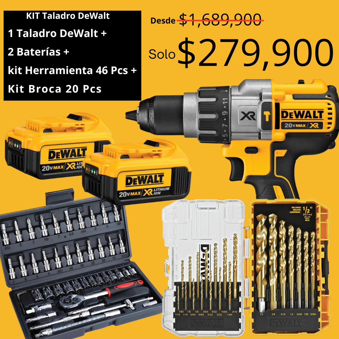 Kit Taladro DeWalt + 2 Baterías + Kit Herramienta 46 Pcs + Kit Broca 20 Pcs Titanio - CONTRA ENTREGA + ENVÍO GRATIS