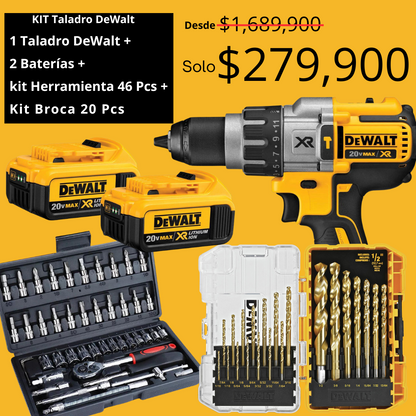 Kit Taladro DeWalt + 2 Baterías + Kit Herramienta 46 Pcs + Kit Broca 20 Pcs Titanio - CONTRA ENTREGA + ENVÍO GRATIS